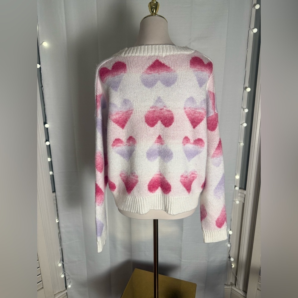 MAJOR Label Group Heart Print Sweater White Pink Purple Women’s Size Large - Picture 7 of 8